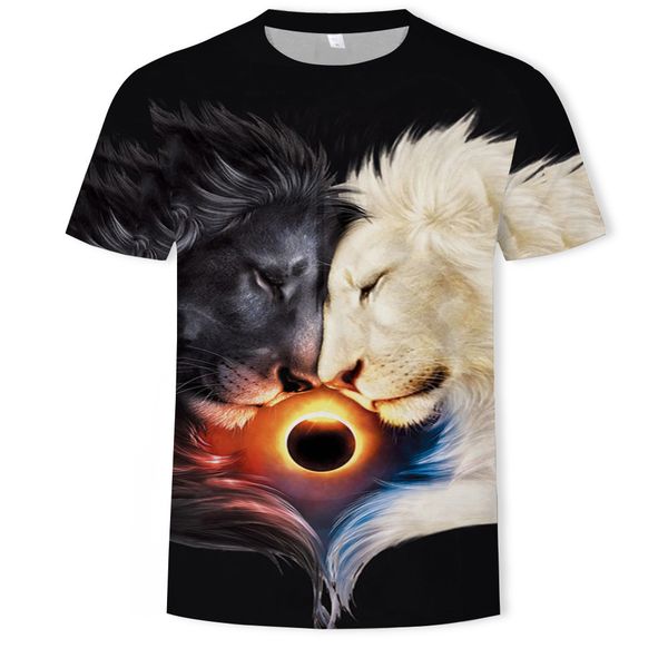 

mens designer animal double lion 3d digital printing round collar short sleeve t-shirt, White;black