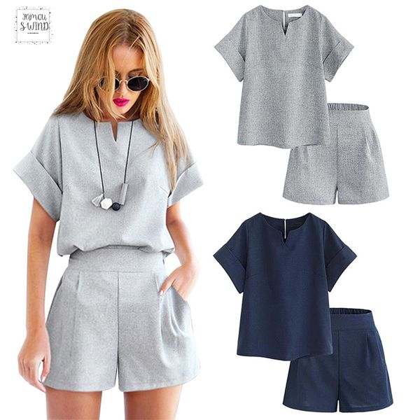 

set linen female office suit casual cotton two-piece v-neck t-shirt shirts short sleeve and shorts summer womens costumes, White