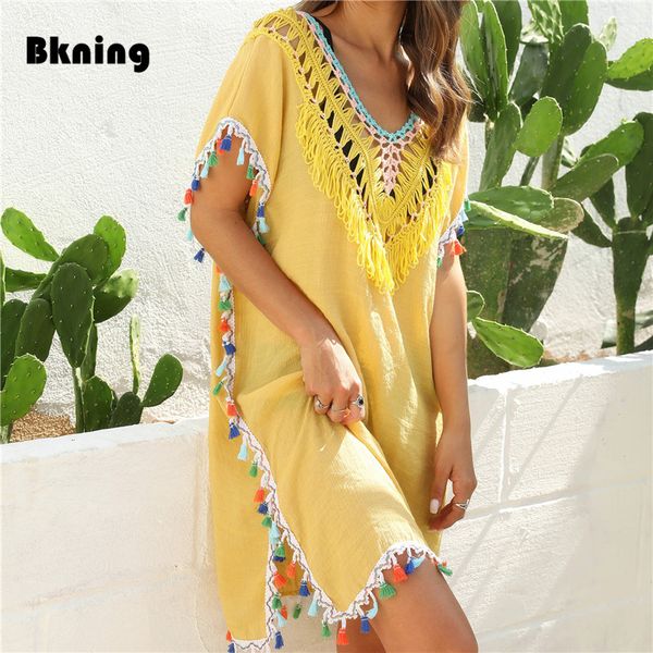 

woman beach dress fringe cover up ladies yellow tunic beachwear 2020 summer women tassel swimsuit cover ups black vestido playa