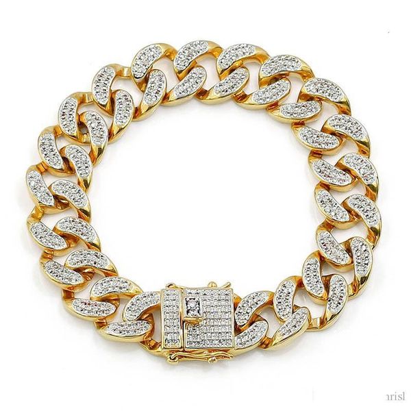 

14mm gold plated hip hop iced out cuban chain bracelet for men women cz bling jewelry, Black