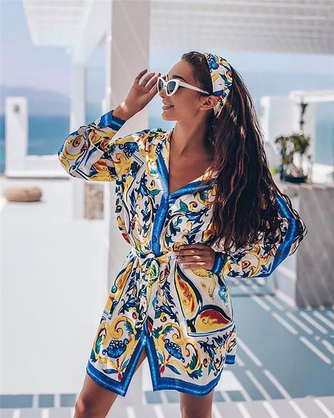 

designer womens floral printed dresses fashion vintage long sleeve shirts dress with belt casual lapel neck womens dress, Black;gray