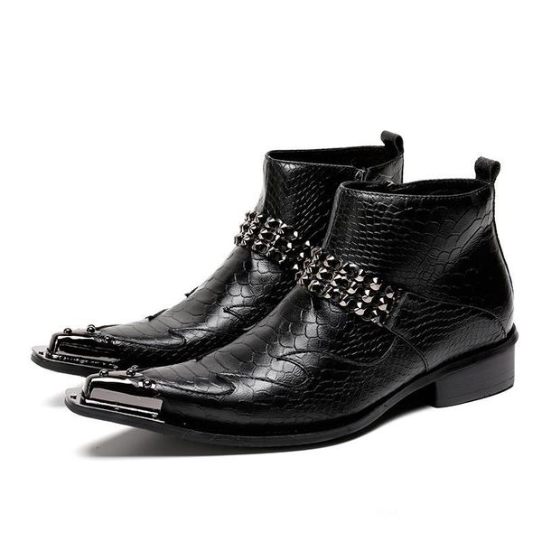 design de metal novos homens de moda pontas do dedo do pé crocodilo botas de couro de grãos de inverno Outono alta superior sapatos masculinos ankle boots Martin Botas