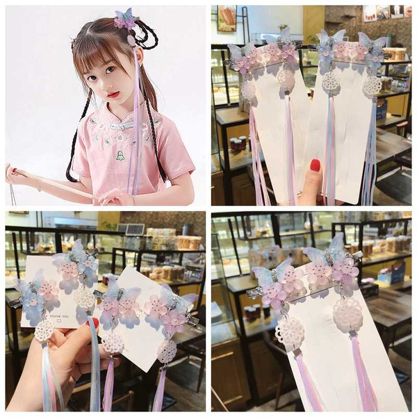 

children hanfu headdress antique hair accessories ancient ornaments tassel butterfly girl super fairy hairpin hairpin clip, Slivery;white