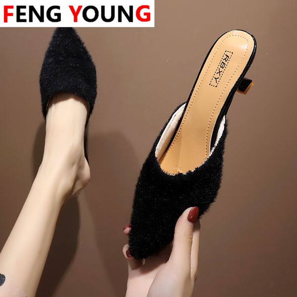 

women fashion luxury thin heels slides women heels slippers slip on new summer shoes slip loafers mules beige female shoes, Black