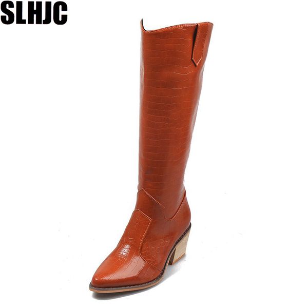 

slhjc autumn modern classic boots women long riding boots 6 cm heels high pointed toe serpentine leather female plus size pumps, Black
