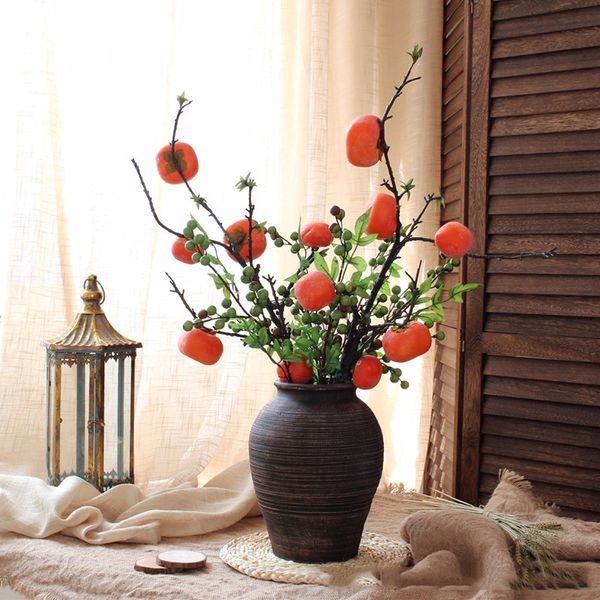 Simulação Flor Plant Vines Ramo 6 Fruta Persimmon Fruit Floral Shape Berry Acessórios de decoração de casa