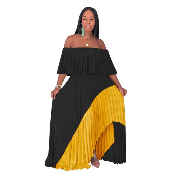 

women pleated casual dresses floor-length slash neck skirts colorful off shoulder long boho beach maxi dress, Black;gray