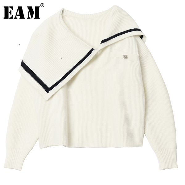 

eam] полосатый split асимметричный вязание свитера сыпучие fit v-образным вырезом с длинным рукавом женщин новые моды tide осень зима 2019