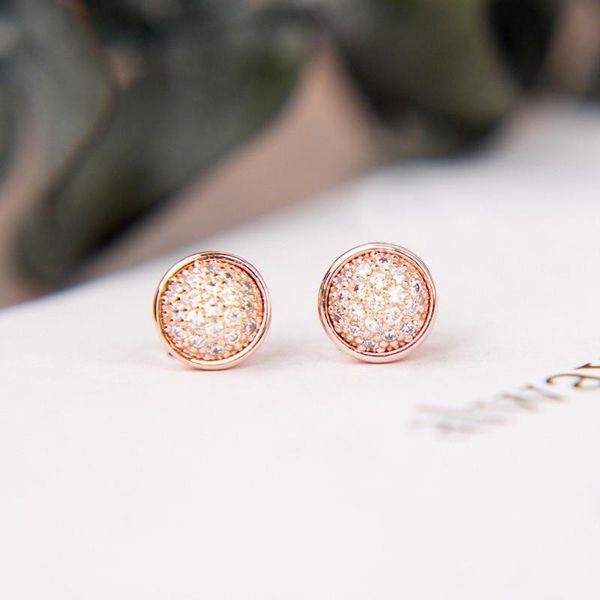 

fashion round disc stud earring for pandora 925 sterling silver cz diamond earrings with original box set for women girls, Golden;silver