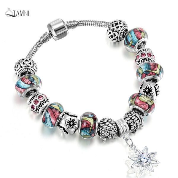 

qiamni gift sun flower pendant colorful murano glass beads bracelet bangles fit original women girl snake chain diy jewelry, Black