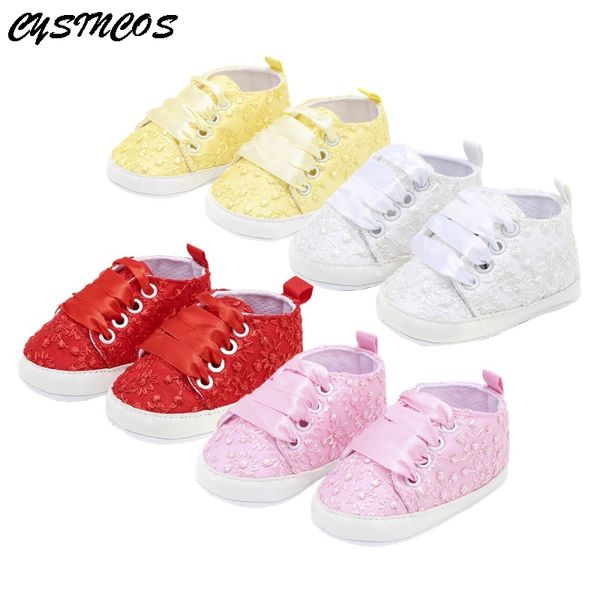 

cysincos 2020 new newborn lace embroidery cloth shoes baby girl first walkers toddler bow flower footwear summer soft sole shoes