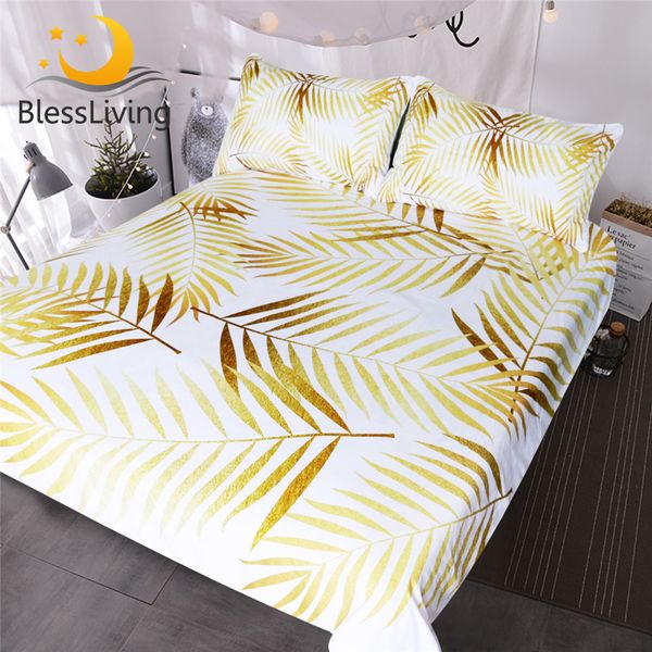 

blessliving modern palm leaf bedding set tropical floral botanic print duvet cover 3pcs gold white coastal life havana bed set