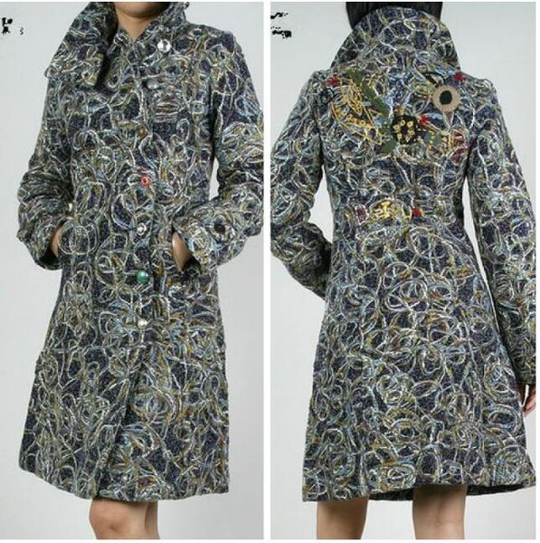 

spanish autumn and winter woolen embroidered overcoat, Black