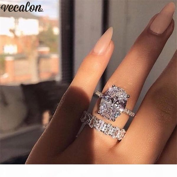 

vecalon classic 925 sterling silver ring set oval cut 3ct diamond cz engagement wedding band rings for women bridal bijoux, Slivery;golden
