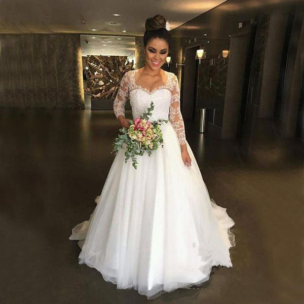 

custom long sleeves lace applqiues wedding dresses 2019 jewel neck sweep train tulle lace up back a line wedding bridal gowns, White