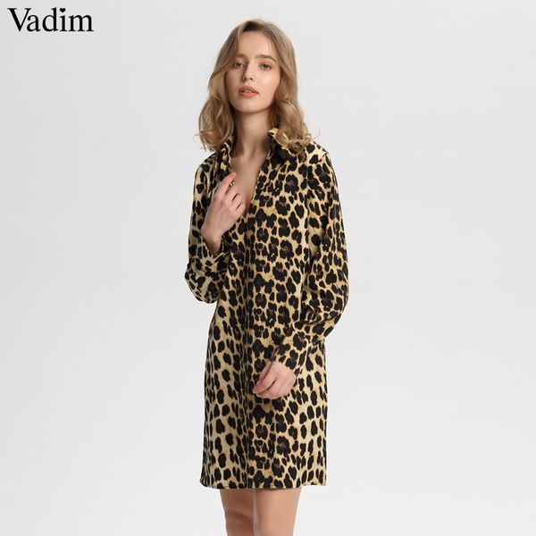

vadim women leopard v neck dress animal skin pattern chic long sleeve retro vintage casual straight dresses vestidos qa599, Black;gray