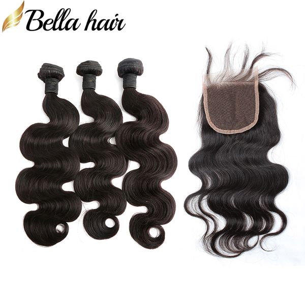 

full head peruvian virgin hair bundle with closure body wave 3pcs hair weft and 1pcs closures 4x4 natural hairline extensions bellahair, Black