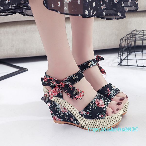 

women sandals dot bowknot design platform wedge female high increas shoes ladies fashion ankle strap sandals zapatos mujer t10, Black
