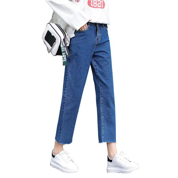 

women high waist elastic tassel denim pants straight loose casual long femme trousers female boyfriend jeans, Blue