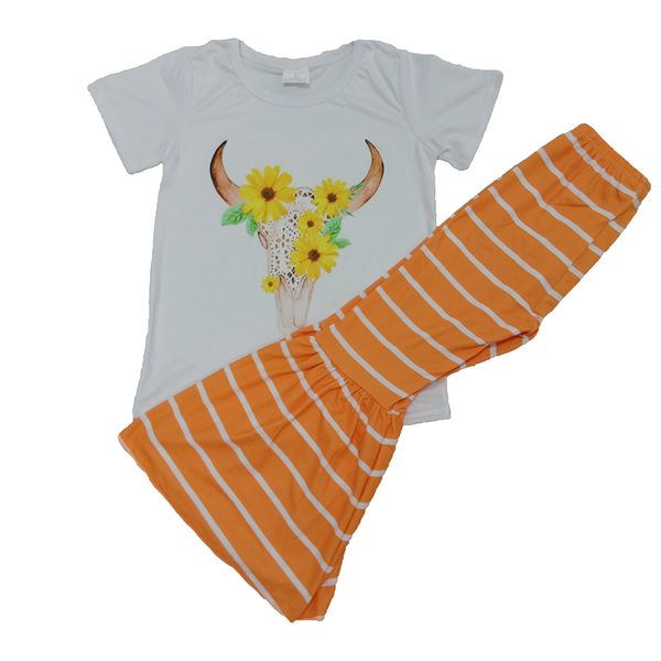 

Hot sale baby girls outfit cow sunflower print white short sleeve orange striped bell bottom pants boutique clothing set summer