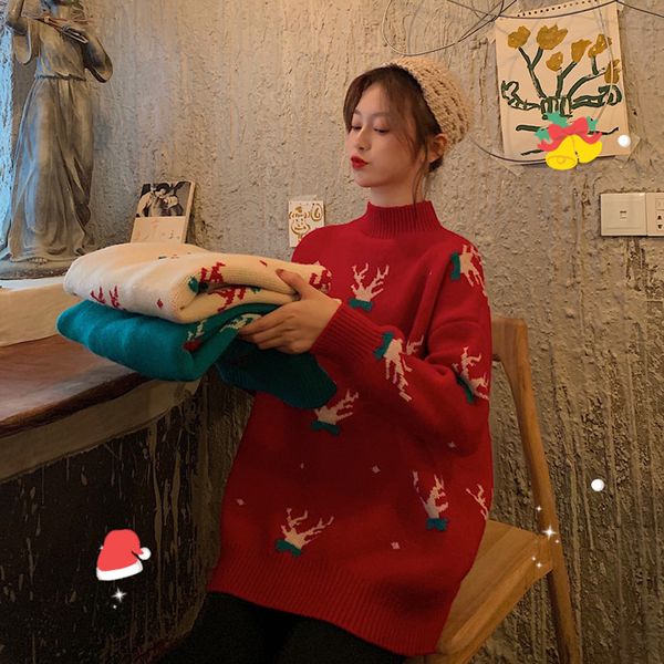 

women sweaters and pullovers autumn/winter 2019 new christmas sweater lazy on female loose outside sets the wind upset coat, White;black