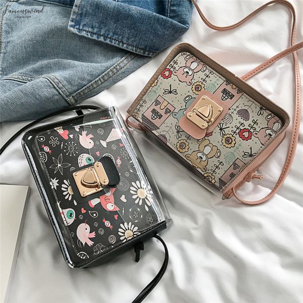 

2020 new fashion women pvc transparent clear handbag tote shoulder crossbody beach bags cartoon print messenger bags