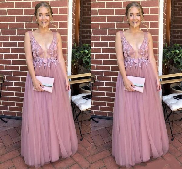 

deep v neck 2020 prom evening dresses dusty rose tulle a line 3d floral flowers ruched evening graduation party formal dress cheap, Black