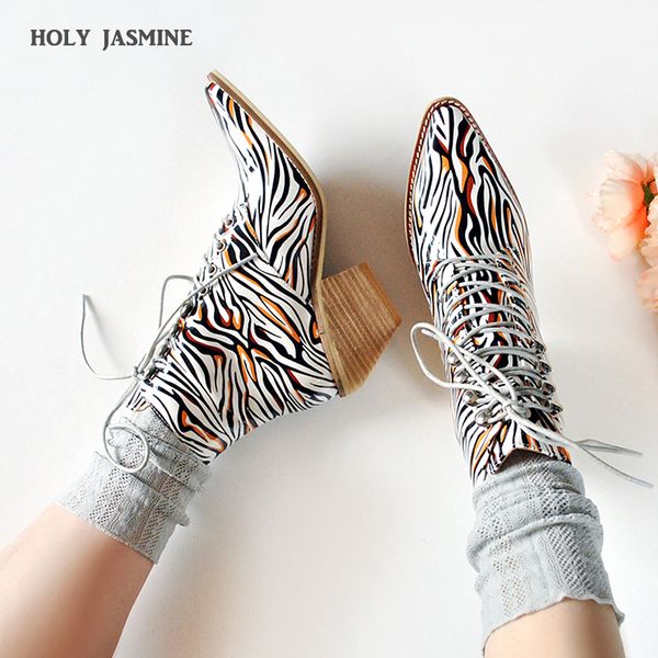 

2019 autumn fashion women ankle boots pointed toe western cowboy boots women chunky wedges shoes for ladies lace-up shoes, Black