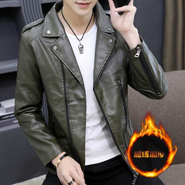 

2019 new men jacket winter korean version of the trend handsome thick leather plus velvet clothes chinese style black