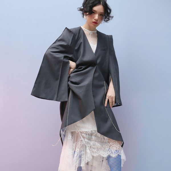 

ewq] 2019 spring autumn new pattern v collar long sleeve asymmetrical patchwork sinlge button casual suit coat women ag37002m, Black;brown