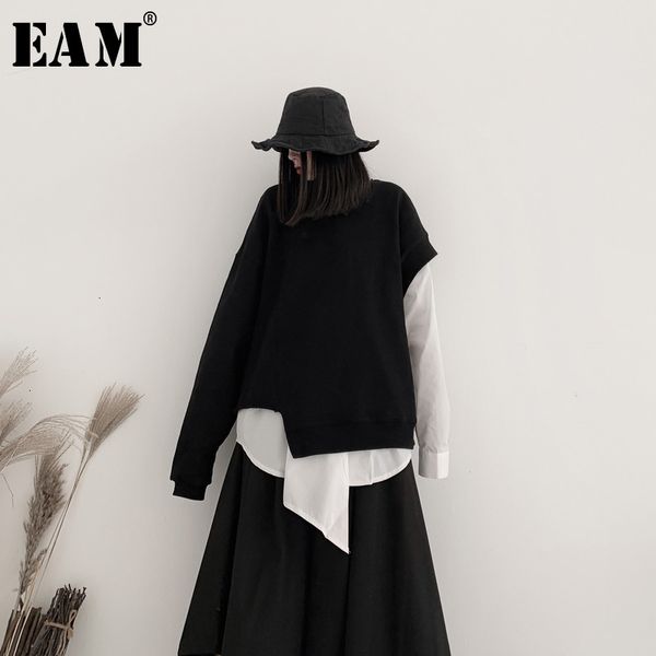 

eam] сыпучие fit черный одно плечо крупногабаритные толстовка новый раунд шеи женщины большой размер мода осень зима 2020 19а-a557, Black