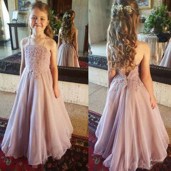 

Dusty Pink Flower Girl Dresses For Weddings Lace Spaghetti Straps Chiffon Floor Length Girls Pageant Gown First Communion Dresses