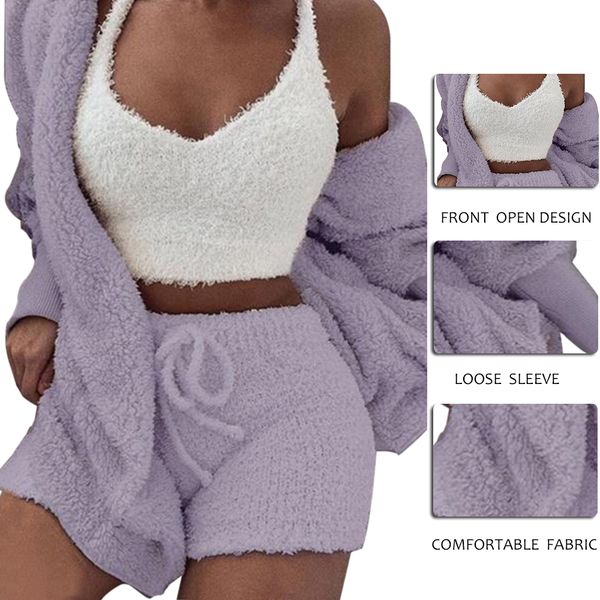 

plush tracksuit women 3 pieces set sweatshirts sweatpants sweatsuit jacket crop shorts suit sports suit jogging femme two piece dress, White