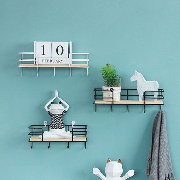 

nordic art wall hanging shelf modern wood metal iron shelf holder storage rack wall hanging display rack with key hook home decor