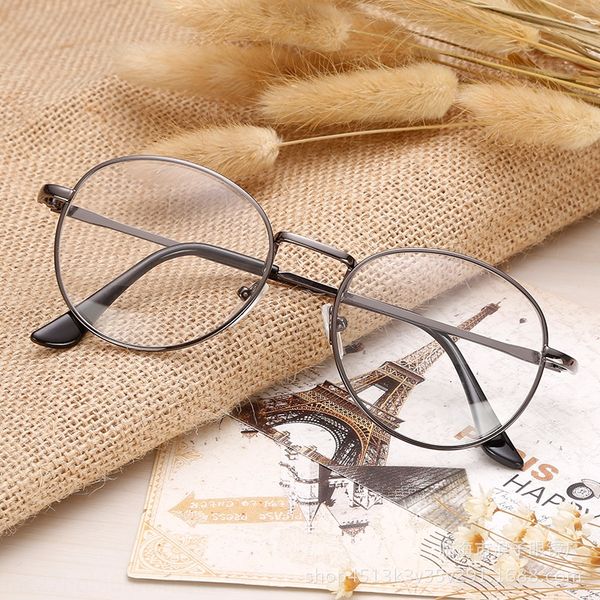 

round frame harajuku male and female students plain metal frame glasses artistic plain glasses, Silver