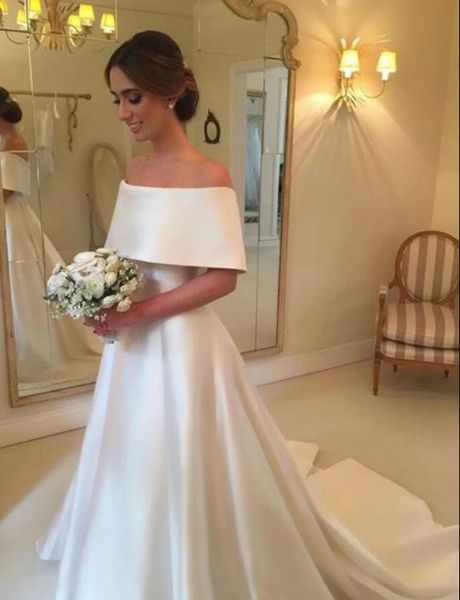 

latest lebanon designer off shoulder satin ruched plain wedding dress african beach style wedding dress for the bride, White