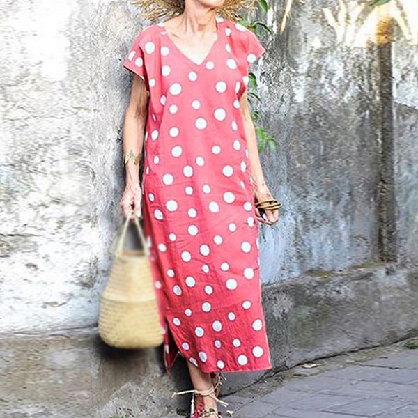 

women's dresses v-neck large dot slit casual loose elegant beach long loose comfortable dresses, Black;gray