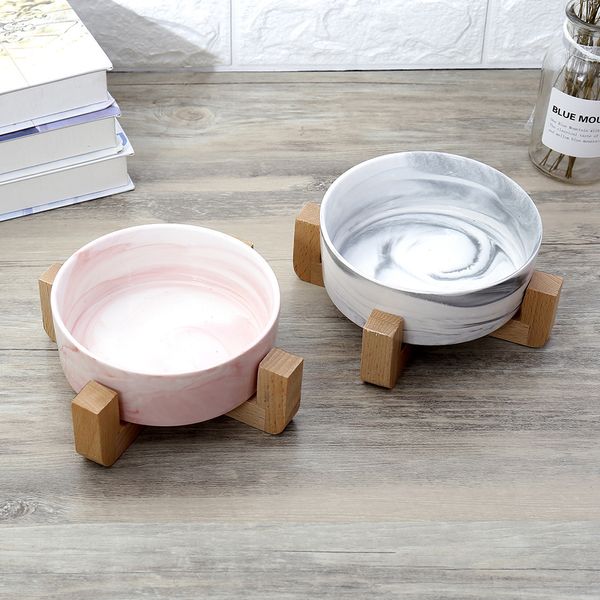 

marbling ceramic bowl with wooden rack for pet food water drinking feeder