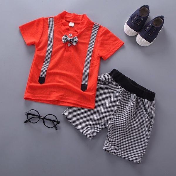 

2020 new baby boys clothes infant summer children clothing cartoon kids cotton casual gentleman bow t-shirt shorts 2pcs/set suit t200414, White