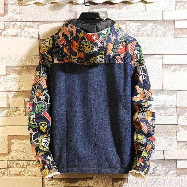 

slim men's jacket hooded casual bomber printed cowboy coat men denim hip jean jacket spring denim streetwear hop autumn fashion dqmjo, Black