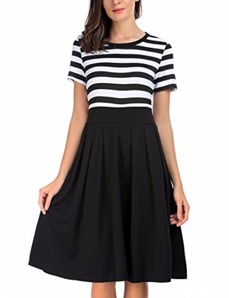 

carterstory women's vintage stripe scoop neck short sleeve swing dress, Black;gray