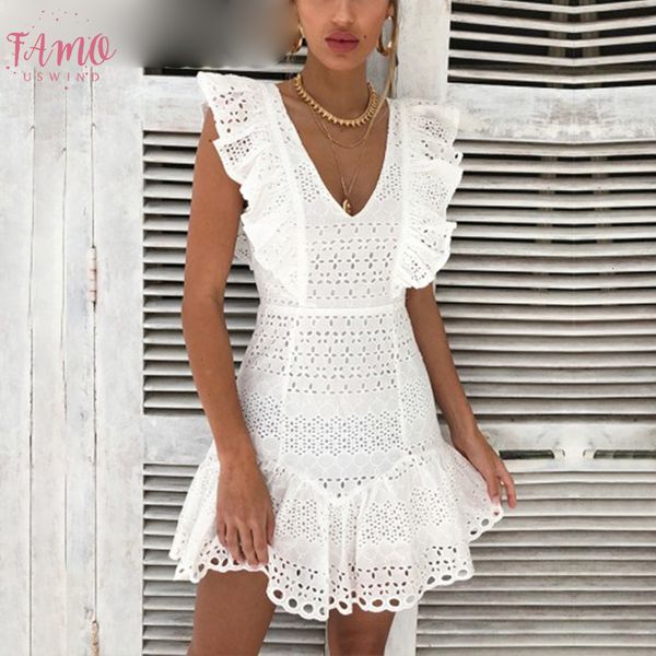 

elegant v neck ruffle cotton white women dress embroidery high waist summer dress vintage casual short party dresses, Black;gray