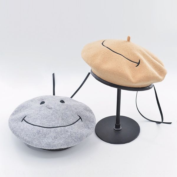 

улыбающееся лицо вышивка шерсть художник шляпа теплый берет женская все-матч теплый берет шляпа, Blue;gray