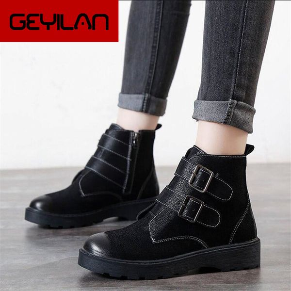 

2019 new spring autumn fashion women boots low-heeled platform buckle leather short booties black ladies shoes l928