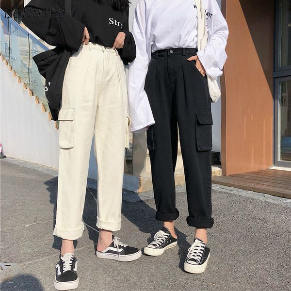 

jeans women clothing loose cargo jean large pockets straight womens denim trousers high waist student solid zipper casual street, Blue