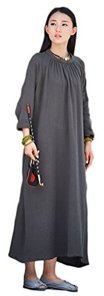 

soojun women's loose folk style cotton linen maxi dresses with pockets, Black;gray