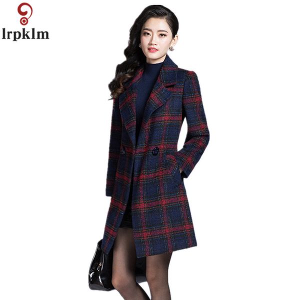 

высокое качество осень зима женский плед мягкий тонкий шерстяное пальто мода тонкий отложной воротник женские длинные куртки xxxl lz183, Black