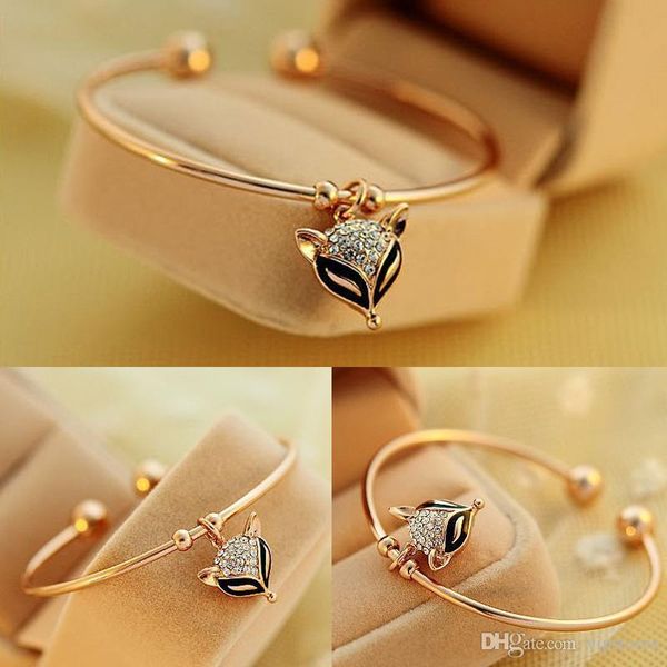 

lovely crystal fox charm bracelets gold plated open rhinestone diamond cute fox bangle bracelets for women and men jewelry, Black