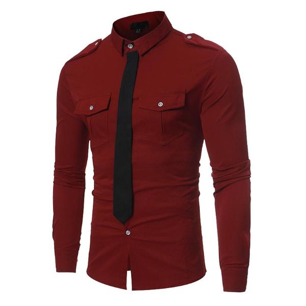 

2020 new spring autumn formal shirt men long sleeve fake tie solid color shirt men slim chemise homme manche longue, White;black