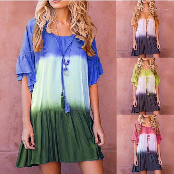 

womens gradient color panelled dresses lotus leaf short sleeve dresses fashion crew neck womens casual above knee dress, Black;gray